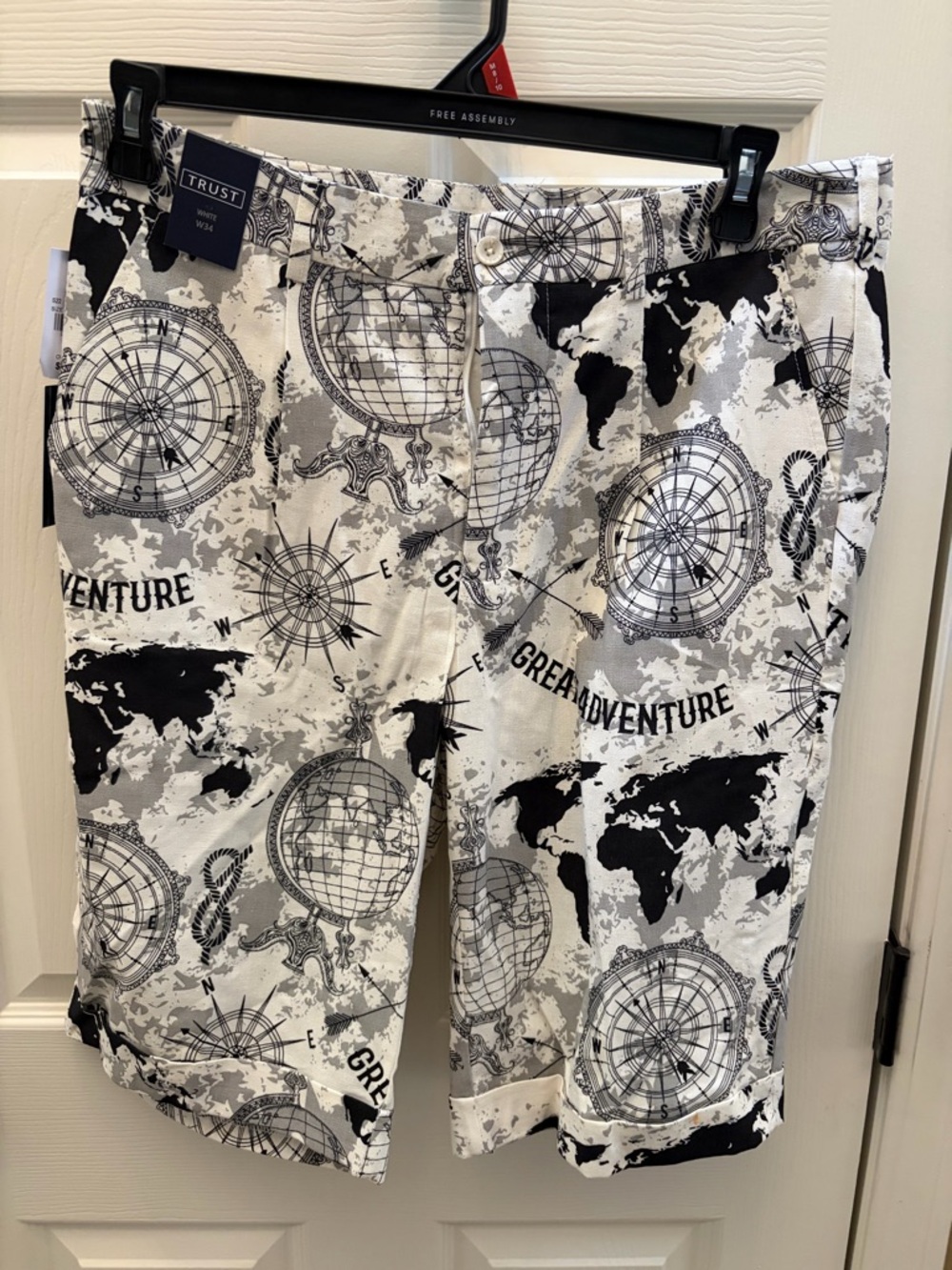 Trust Men’s White & Black Great Adventure Print Flat Front Shorts
